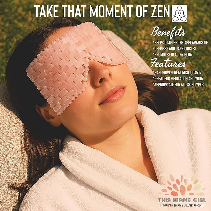 Rose Quartz Eye Mask by This Hippie Girl, Handcrafted Crystal Cut, Depuff for Puffy Eyes, Relieve Stress, The Cold-to-The-Touch Rose Quartz is Weighted for Comfort, Eye Mask for Facial