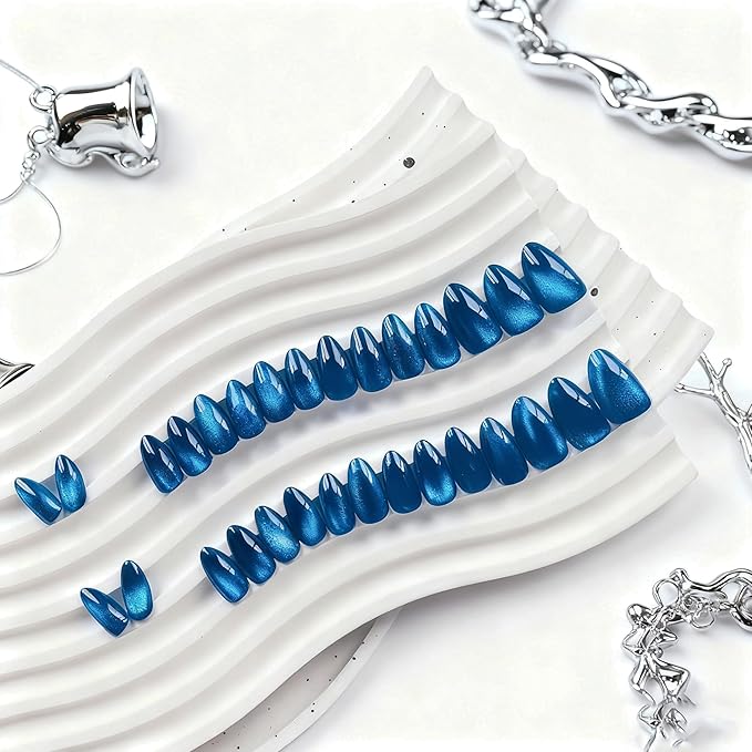 KQueenest Press On Nails Short - Vibrant Royal Blue Press On Nails Almond Shape, Glitter Cat Eye Fake Nails with Nail Glue, Reusable Cute Bright Gel Glue On Nails with Color-Shifting Glow, 30 Pcs