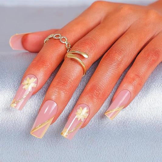 Square Press on Nails Long Light Pink Fake Nails Yellow French Tip Nail Press ons with Lines Glitter Designs Glossy Glue on Nails Flower Stick on Nails for Women Extre Long Manicure 24Pcs