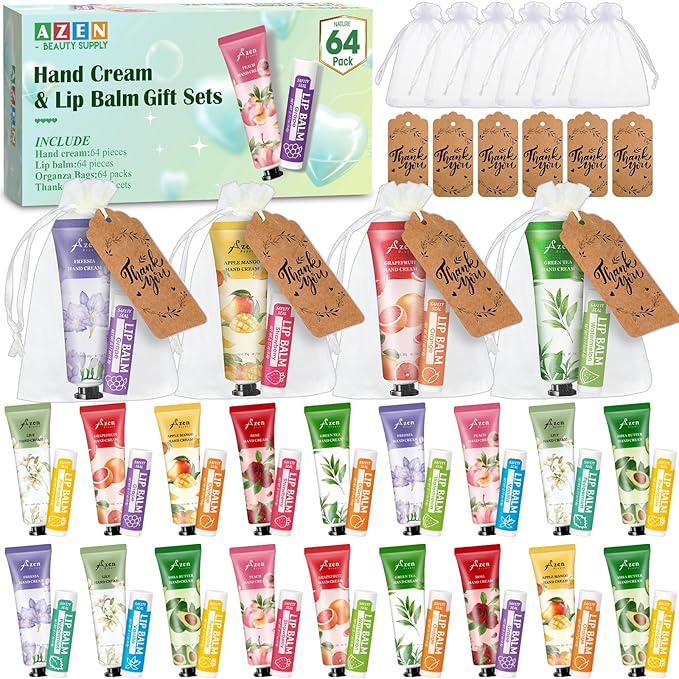 AZEN 64 Sets Bulk Gifts, Hand Cream and Lip Balm Bulk Set with Organza Bag Thank You Card, Baby Shower Wedding Gifts for Guests, Bridal Wedding Favors for Guests,Thank You Gifts for Women