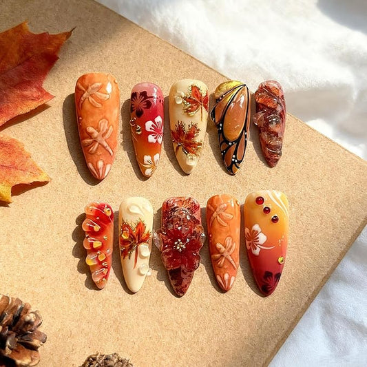 Long Almond Press on Nails Fall Themed 3D Handpainted False Nails with Floral Butterfly and Maple Leaves Stick on Nail for Women 24pcs