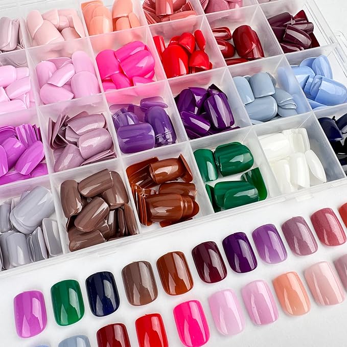 576Pcs Press on Nails Short Square Fake Nails Solid Color False Nails Full Cover Glossy Acrylic Glue on Nails Reusable Artificial Nail Stick on Nail for Women Manicure