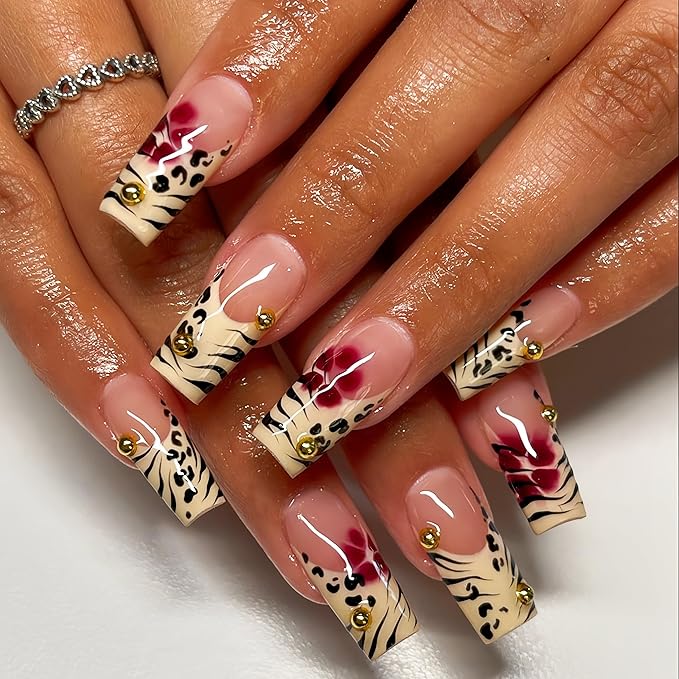 Leopard Print French Tip Press on Nails Long Square Fake Nails with 3D Gold Pearl Designs Red Blooming Flower Full Cover Glue On Nails Reusable Coffin Autumn Winter Brown False Nails for Women 24Pcs