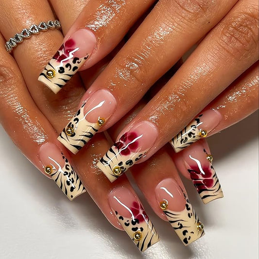 Leopard Print French Tip Press on Nails Long Square Fake Nails with 3D Gold Pearl Designs Red Blooming Flower Full Cover Glue On Nails Reusable Coffin Autumn Winter Brown False Nails for Women 24Pcs