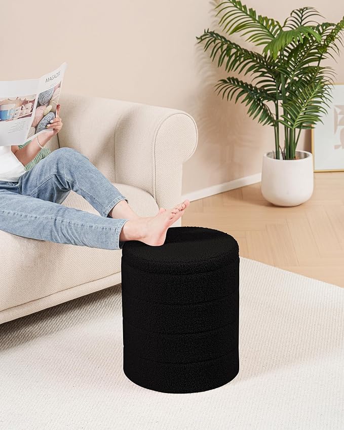 B FSOBEIIALEO Ottoman with Stroage, Round Sherpa Storage Ottoman Stool, Boucle Foot Rest 14.6"x14.6"x17.7"（Black