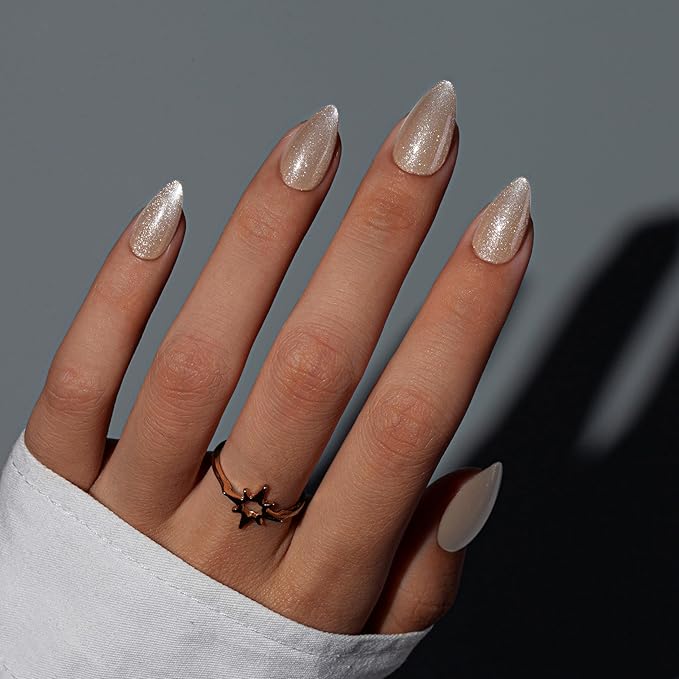 KQueenest Cat Eye Press On Nails Short, Acrylic Press On Nails Almond, Sparkle Light Nude Fake Nails With Glue, Recycled Soft Gel Glue On Nails for Woman, Long-Lasting Glitter Effect, 30 Pcs