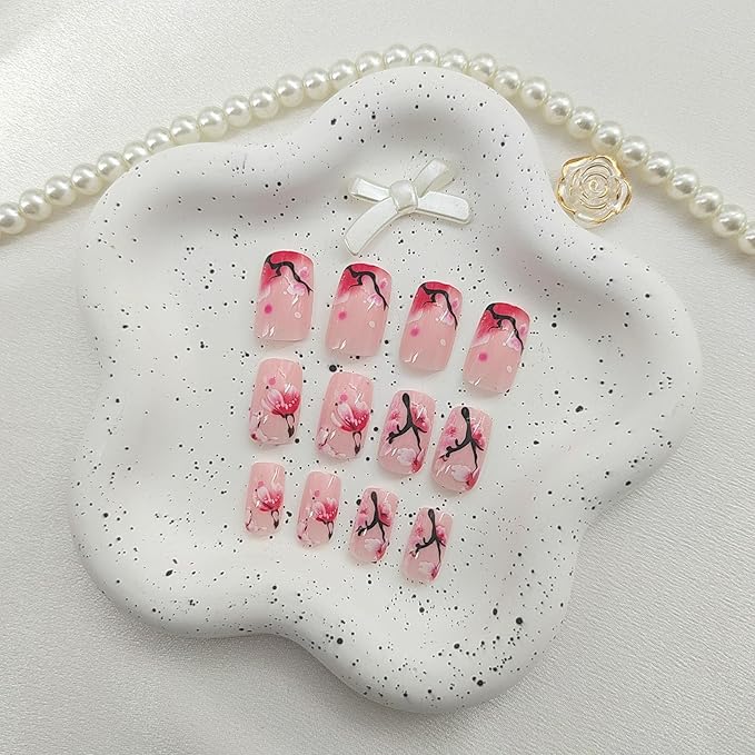 Spring Press on Nails Medium Square Fake Nails with Floral Designs Pink Nails Press ons Glossy Glue on Nails Cute Acrylic Nails Daily Wear Nature False Nails Artificial Stick on Nails for Women 24Pcs
