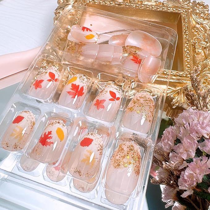 24Pcs Fall Press on Nails Short Oval Fake Nails with Gold Glitter Yellow Red Maple Leaf False Nail Reusable Thanksgiving Acrylic Nails Full Cover Autumn Maple Leaves Stick on Nail for Women Nail Art