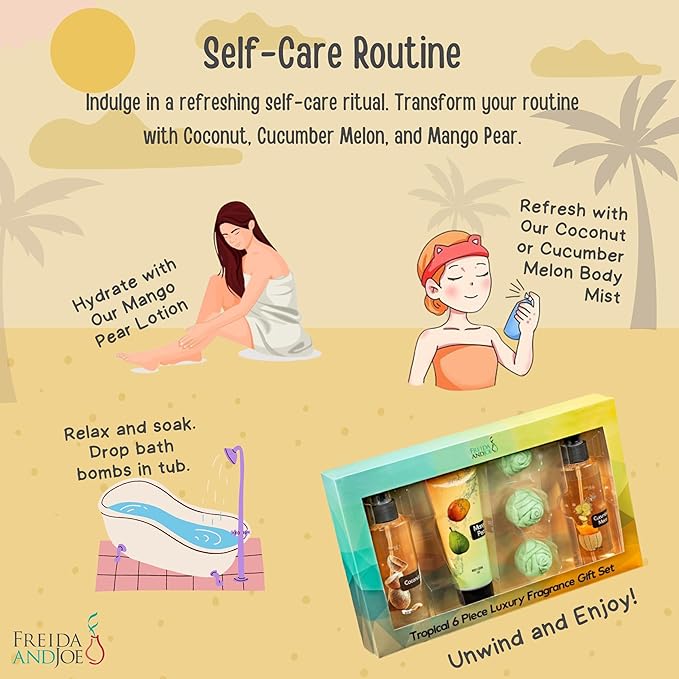 Fine Fragrance Body Mist & Body Splash Gift Set – Luxury Self-Care Combo for Women and Girls (Coconut, Cucumber, Mango Pear w/ Bath Fizzer, Bath Bomb) Mother’s Day Gift for Mom