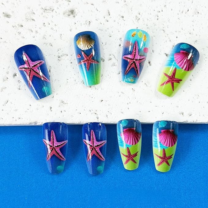 Shell Starfish Press on Nails Long Colorful Shell Pattern Design Ocean Acrylic False Nail Ballet Artificial Stick on Nail Full Cover Glossy Blue Gradient Artificial Fingernail Glue on Nails for Women