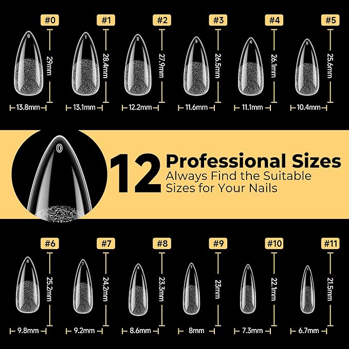 UNA GELLA Medium Stiletto Gel Nail Tips 600Pcs, Medium Stiletto Press on Nails Almond Shape Pre Etched Full Cover Soft Gel Nails Tips for Nail Extensions Christmas Art DIY Salon 12 Sizes at Home