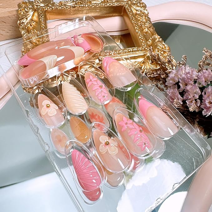 24Pcs French Tip Press on Nails Medium Almond Fake Nails with 3D Flower Gold Beads Designs Pink Yellow Floral Acrylic Nail Tips Full Cover Summer Fall False Nails Cute Flowers Stick on Nails for Women