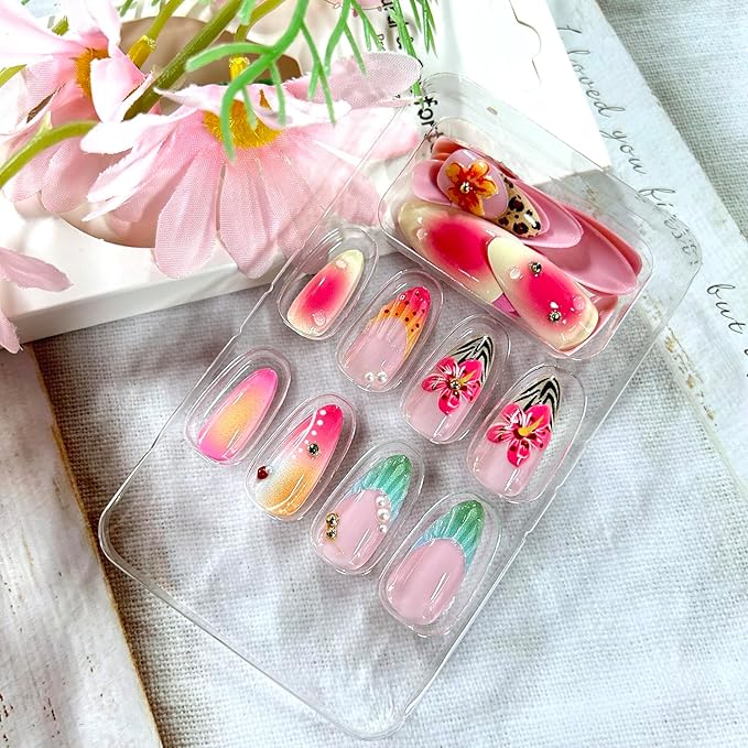 3D Acrylic False Nail French Tip Press on Nails Short Almond Flower Pearl Pattern Design Colorful Smudge Artificial Fingernails Press Ons Artificial Stick on Nails for Women 24Pcs