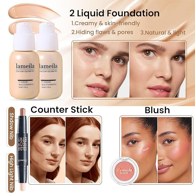 Makeup Present Set for Teen Girl Women, Travel Makeup Kit, Makeup Full Kit for Beginner, Makeup Bundle Include 2 Matte & Shimmer Eyeshadow Palettes, Liquid Glitter Eyeshadow & Eyeliner