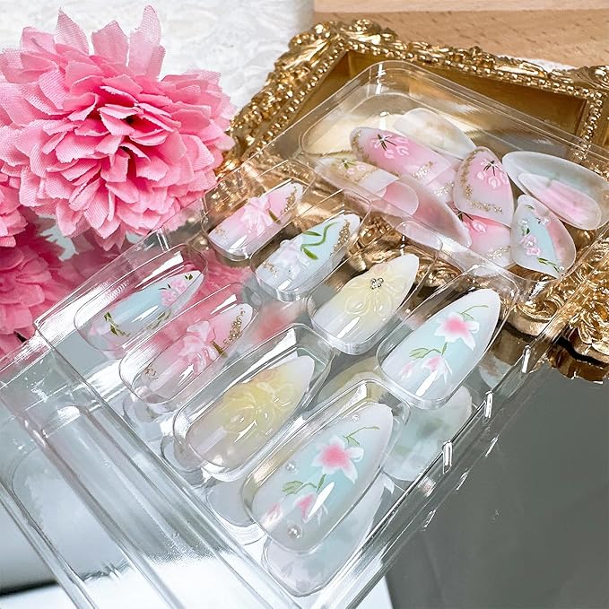 24pcs Pink Flower Press on Nails Medium Almond Fake Nails with 3D Cute Floral Pearl Designs Summer Flowers False Nails Kit Full Cover Acrylic Nail Tips Glue on Nails for Women Nail Decoration