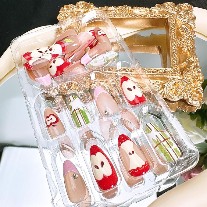 30 Pcs Fruit Press on Nails Medium Almond Fake Nails with Apple Star Designs Pink French Tip False Nails Fruit Acrylic Nail Tips Cute Full Cover Stick on Nails for Women Summer Fall Nail Decoration