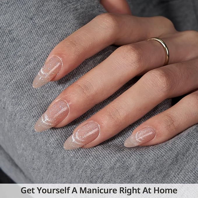 BTArtbox Almond Press On Nails Medium - Lamp-Curable Cat Eye Press On Nails with Glue for Women, Semi-Transparent Soft Gel Glue On Nails in 15 Sizes - 30 Stick On Nails Kit, Sunlit Shimmer