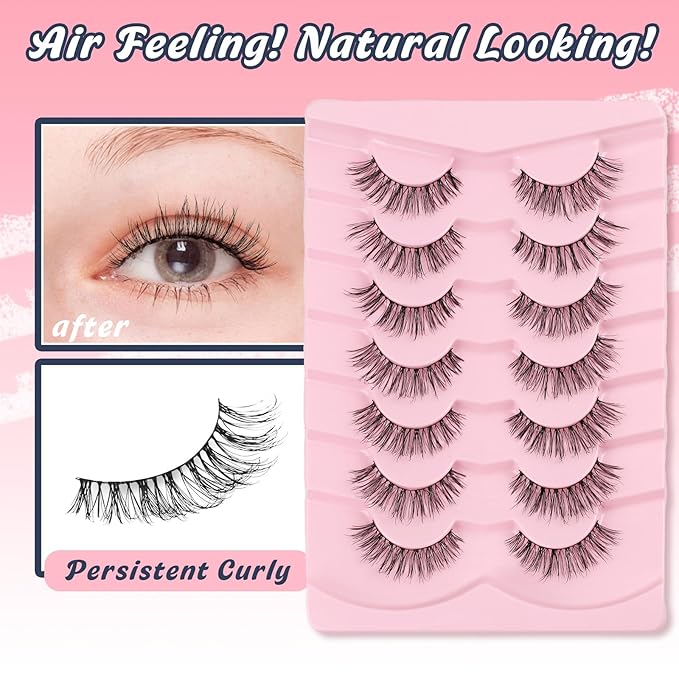 Natural Eyelashes Cat Eye Lashes 14MM Strip Lashes 3D Volume Fake Eyelashes C Curl Eye Lash Strips with Memory Band 7 Pair Siligli