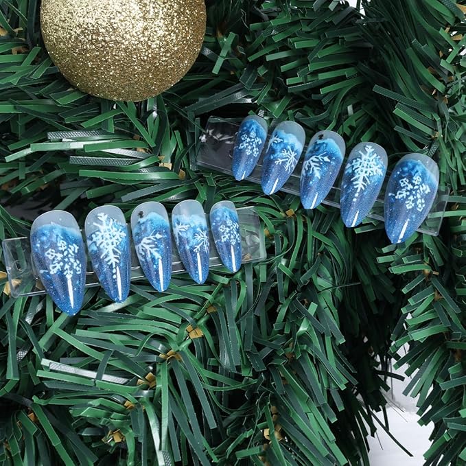 Snowflake Press on Nails Medium Almond Fake Nails Gradient Blue Full Cover Winter False Nails Christmas Glue on Nails White Snow Artificial Acrylic Nail for Women DIY Christmas Nails Decoration 24Pcs