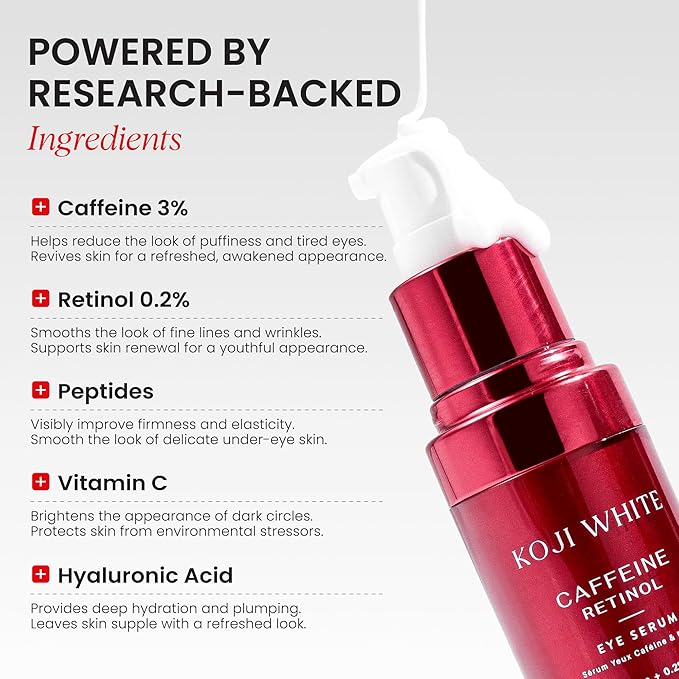 Koji White 3% Caffeine Eye Serum with 0.2% Retinol, Peptides, Hyaluronic Acid & Vitamin C for Puffiness & Dark Circles - Unscented, Vegan, Fragrance-Free 15 ML (0.50 Fl Oz)