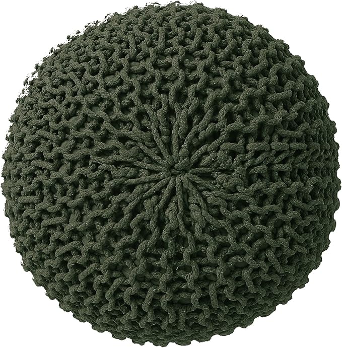REDEARTH Round Hand Knitted Pouf - Foot Stool Bean Bag Ottoman - Cord Boho Pouffe - Poof Accent Beanbag Footrest for Living Room - Bedroom - Patio - Lounge (19.5"x19.5"x14") - Olive