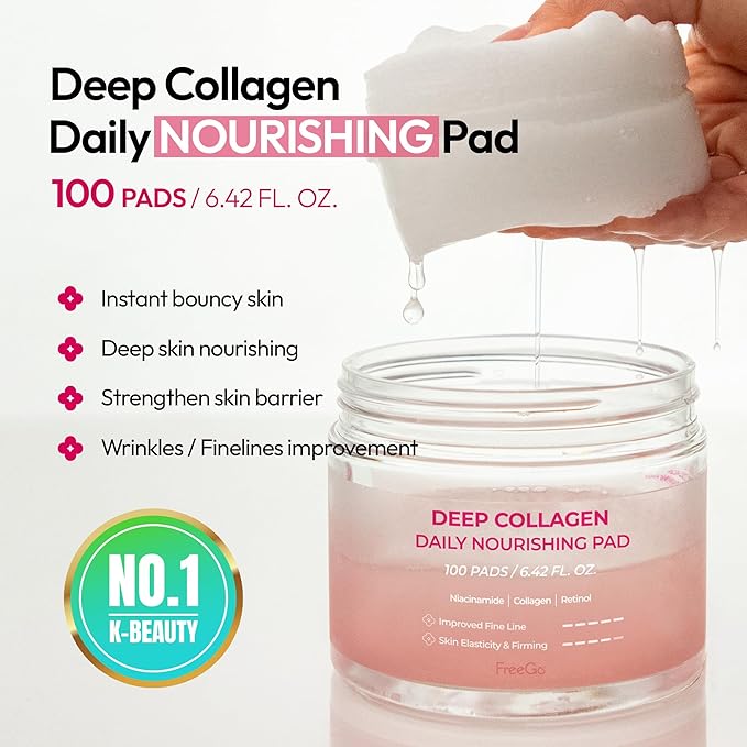 FreeGo Deep Collagen Daily Nourishing Pad (100 Pads), K-Beauty Facial Toner Pads for Dull and Coarse Skin, Instant Bouncy Skin Firming
