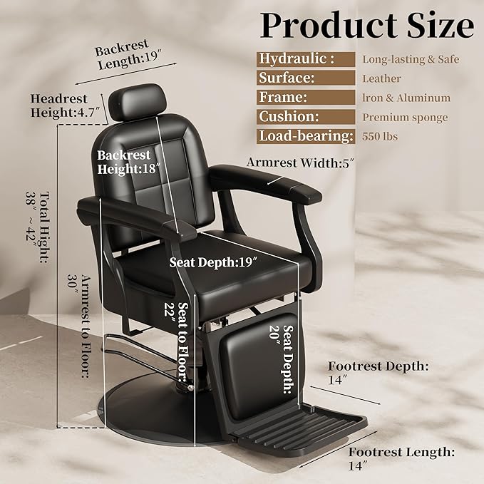 Baasha Black Heavy-Duty Barber Chair, Reclining Professional Salon Chair with Adjustable Headrest & Comfort Padding, 550 lbs Capacity