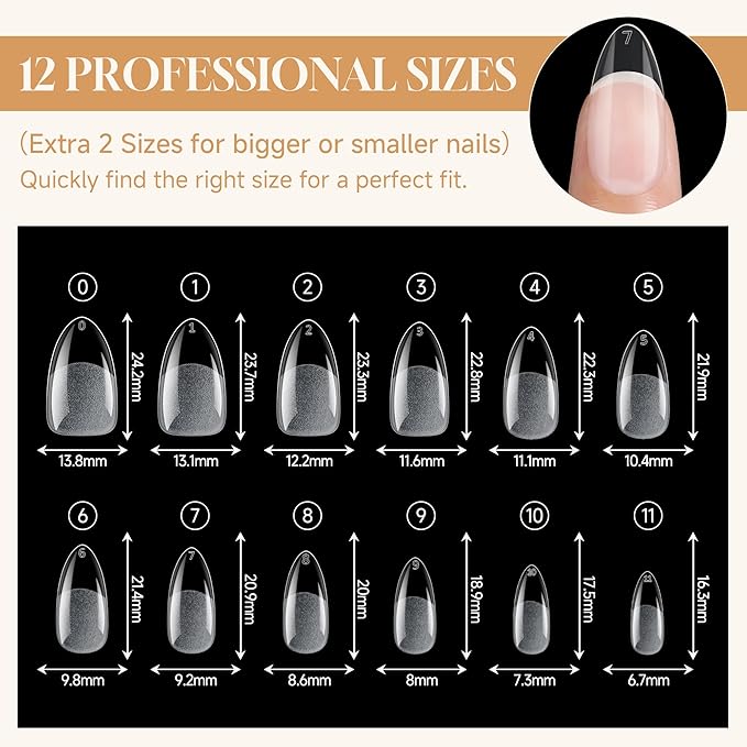 Almond Nail Tips: 240pcs Pointed Almond Soft Gel Nail Tips, Pre-shape Short Nails, Half Matte Full Cover Clear Acrylic Fake Press On Nails for Nail Extension Home Nail Art 12 Sizes Gelly Tips