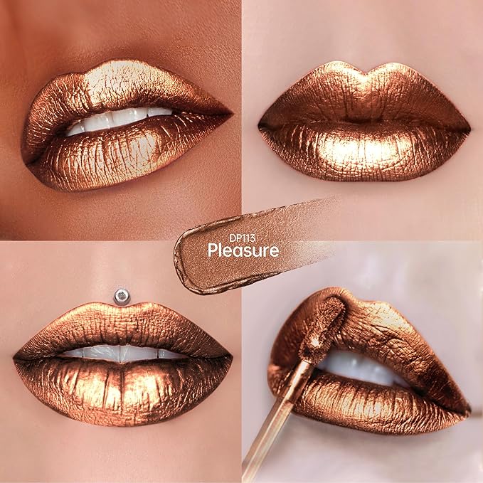 Brown Lipsticks for Women Metallic Lipstick Long Lasting Non Stick Cup Lip Gloss, Shimmer Lightweight Hydrating Full Coverage Lip Color, DP113 Pleasure