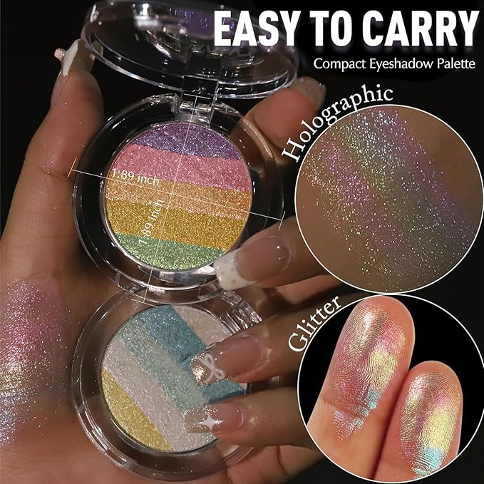 Holographic Glitter Eyeshadow - Multichrome Iridescent Shimmer Eyeshadow Palette, Chameleon Mermaid White Glitter Eye Shadow, Cream to Powder Sparkling Inner Corner Eye Face Highlighter Makeup