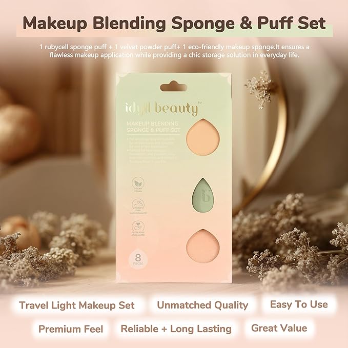 Blending Sponge Puff Set, Latex Free Powder Puff for Liquid Cream Foundation, Vegan & Cruelty Free, Beginner-friendly for Women Beauty Blender Make up Sponges 8 Pieces