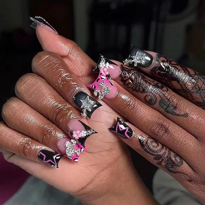 BABALAL Duck Nails Press on Short Fake Nails Black Pink Glue on Star Charm Y2k Stick on Acrylic 24Pcs Duck Bill Gothic Manicure Reusable Artificial Full Cover False Nail