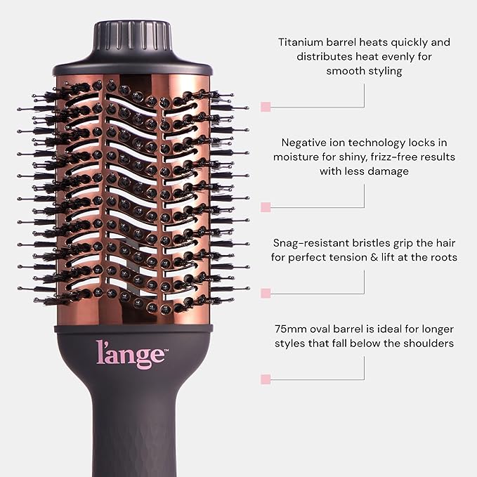 L'ANGE HAIR Le Volume 2-in-1 Titanium Blow Dryer Brush | Hot Air Brush for Hair Drying & Styling | Ionic Oval Barrel for Smooth, Frizz-Free Volume | (Black – 75mm)
