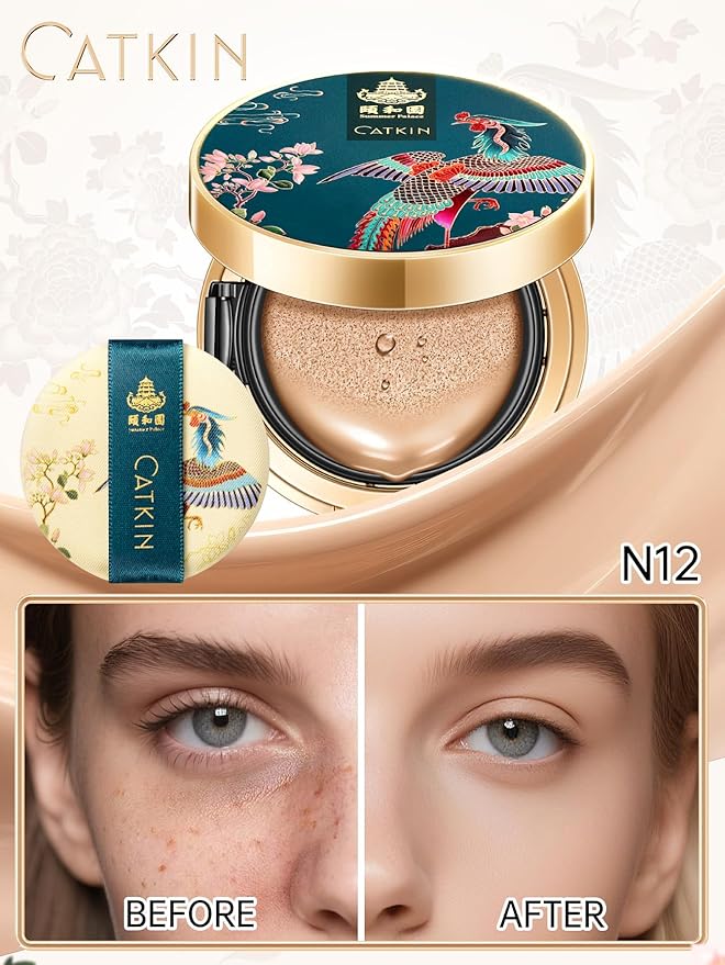 Catkin Phoenix Cushion Foundation Buildable Coverage Anti-Aging Serum Makeup, Sheer Satin Finish, Refill Included, Light Beige 0.46 Oz x 2, N12 NATURAL BEIGE