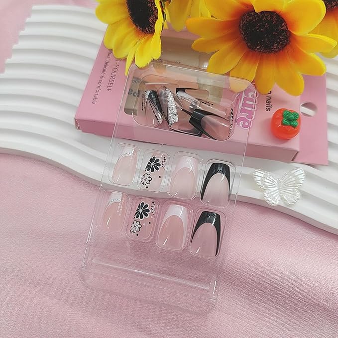 Spring Press on Nails Short Coffin Fake Nails with Flower Designs Black White French Nails Press ons Glossy Glue on Nails Cute Acrylic Nails Nude False Nails Summer Stick on Nails for Women 24Pcs