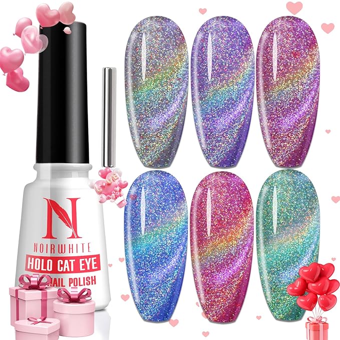 Cat Eye Gel Nail Polish 10ml 1pcs, Holographic Glitter Rainbow Cat Eye Gel Polish with 1Pcs Magnetic Stick for Nail Art Design Soak Off UV LED Magnetic Nail Polish Cat Eye Effect