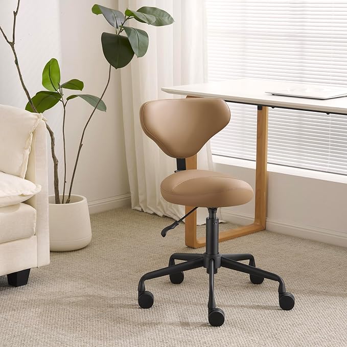 Ergonomic Saddle Seat Adjustable Pneumatic Hydraulic Drafting Swivel Rolling Stool Chair for Medical Hygienic SPA Massage Salon Home and Office - Hilo 508 (Tan, with Backrest)