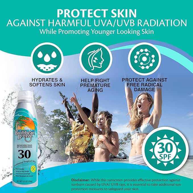 Caribbean Breeze Continuous Tropical Mist SPF 30 Sunscreen Spray, Reef Safe Sunscreen Spray, Up to 80 Minutes Water Resistant, 5.5 Ounces, 2 Pack