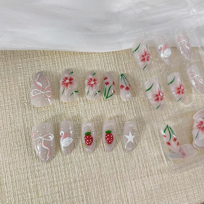 24Pcs Almond Press on Nails Medium Fake Nails with Strawberry Flower Designs Cute Swan Bow Glue on Nails 3D Flowers Acrylic Nail Pearl Charms Summer Floral Stick on Nails for Women