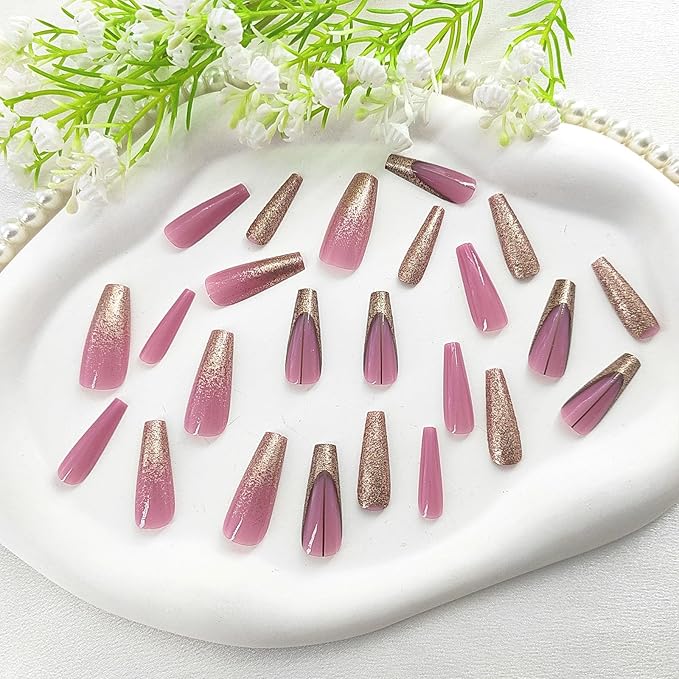 Extre Long Press on Nails Coffin Long Fake Nails with Golden Glitter Design Brown Lines French Tip Glue on Nails Purple-Pink False Nails Press ons Glossy Artificial Stick on Nails for Women 24Pcs