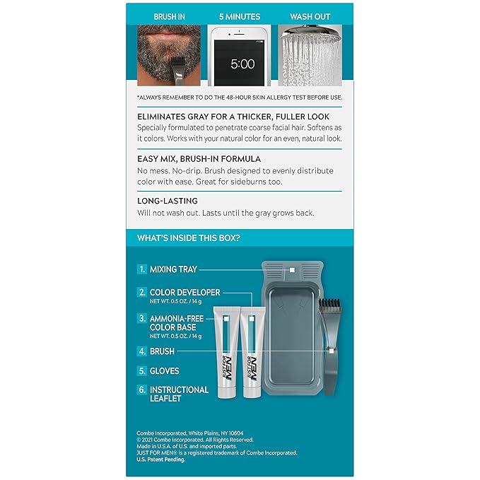 Just For Men Mustache & Beard, Beard Dye for Men with Brush Included, With Keratin Biotin Aloe and Coconut Oil for Healthy Facial Hair - Rich Dark Brown, M-47, Pack of 3 (Packaging May Vary)