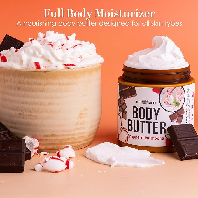 Peppermint Mocha Body Butter with Raw Shea Butter and Jojoba Oil, Holiday Body Moisturizer for Dry Skin, Christmas Lotion, Limited Edition
