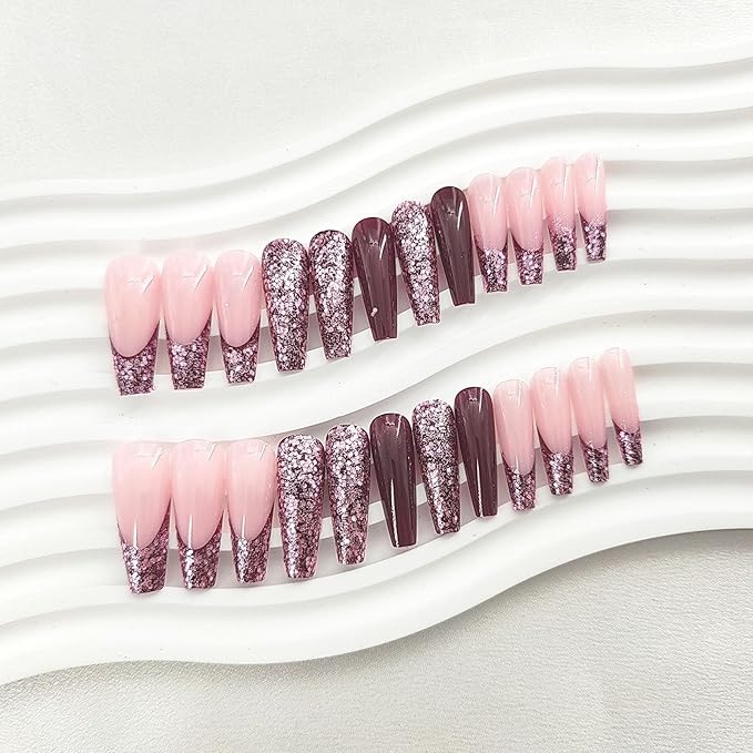 Coffin Press on Nails Extra Long Fake Nails Glossy Glue on Nails with Glitter Sequins Designs French Tip Nails Press ons Burgundy False Nails Claret Artificial Stick on Nails for Women 24Pcs