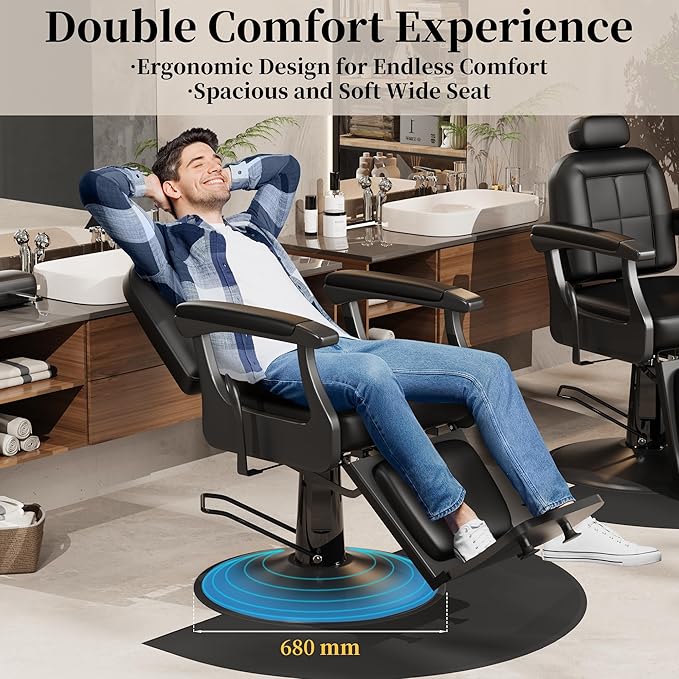 Baasha Black Heavy-Duty Barber Chair, Reclining Professional Salon Chair with Adjustable Headrest & Comfort Padding, 550 lbs Capacity