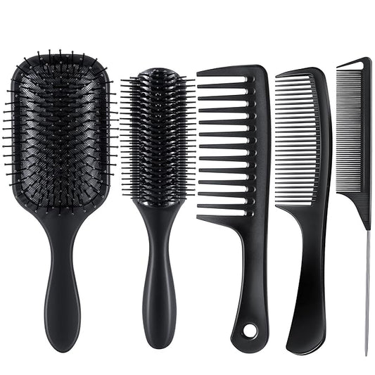 SALONSILK 5PCS Hair Brush Comb Set, Women Men Paddle Styling Hair Brushes Wide Fine Tooth Combs, Rat Tail Parting Barber Professional Set for Detangling, Thick, Natural, Thin, Curly