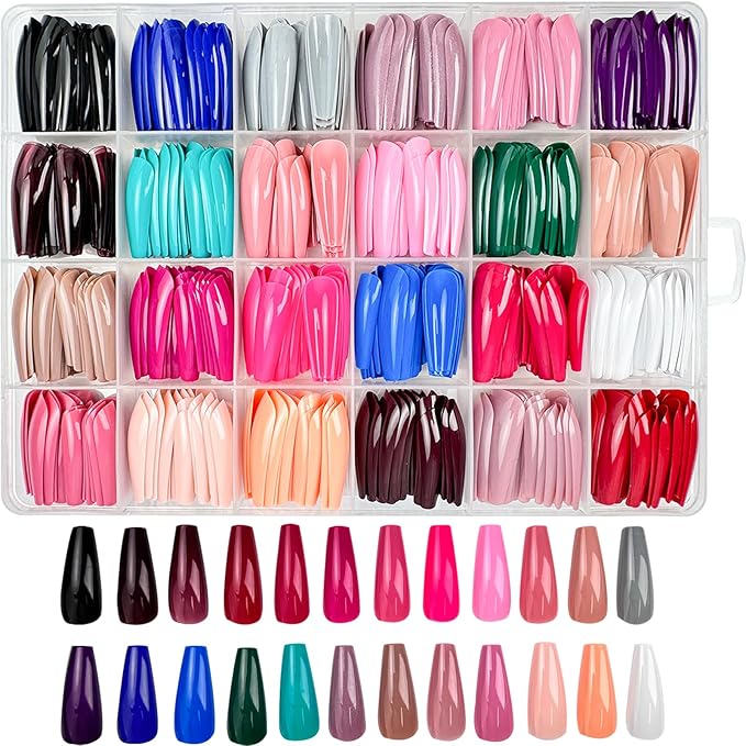 576Pcs Long Press on Nails Coffin Fake Nails Solid Color False Nails Full Cover Glossy Acrylic Glue on Nails 24 Color Reusable Artificial Nail Stick on Nail for Women Manicure