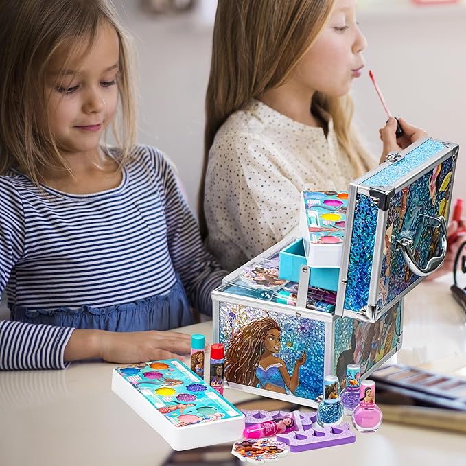 Little Mermaid Train Case Beauty Set, Kids Makeup Kit for Girls, Real Washable Toy Makeup Set, Play Makeup, Pretend Play, Party Favor, Birthday, Toys Ages 3 4 5 6 7 8 9 10 11 12