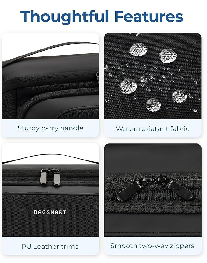 BAGSMART Toiletry Bag for Men, Wide Opening Travel Bag for Toiletries, Dopp Kit Water Resistant Shaving Hygiene Bag for Bathroom Shower, Toiletries Accessories,Travel Essentials-Black