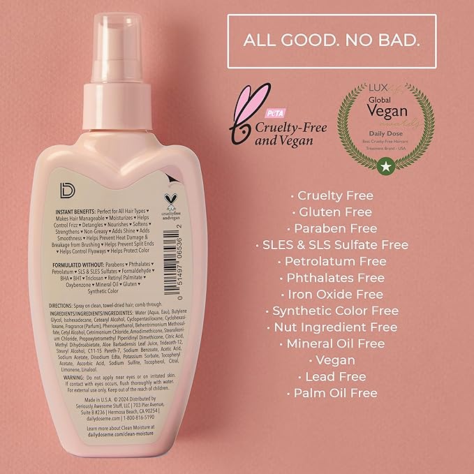 DAILY DOSE Effortless Detangler Spray & Leave In Conditioner for Dry, Damaged, & Frizzy Hair. Instantly Softens, Smooths & Adds Shine. For Kids & Adults. Award-winning, Vegan, Sulfate-Free, Color Safe