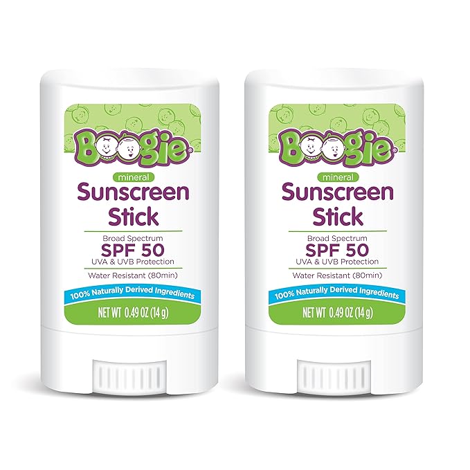 Baby Sunscreen Stick by Boogie, Mineral Sunscreen SPF 50, Travel Size Sunblock for Kids, FSA/HSA Eligible, Zinc Oxide, Water Resistant, Vegan, Fragrance Free, Pack of 2